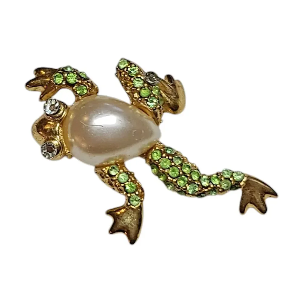 Vintage Gold Tone Frog Brooch Pin Green AB Rhinestone Crystals Faux Pearl Belly